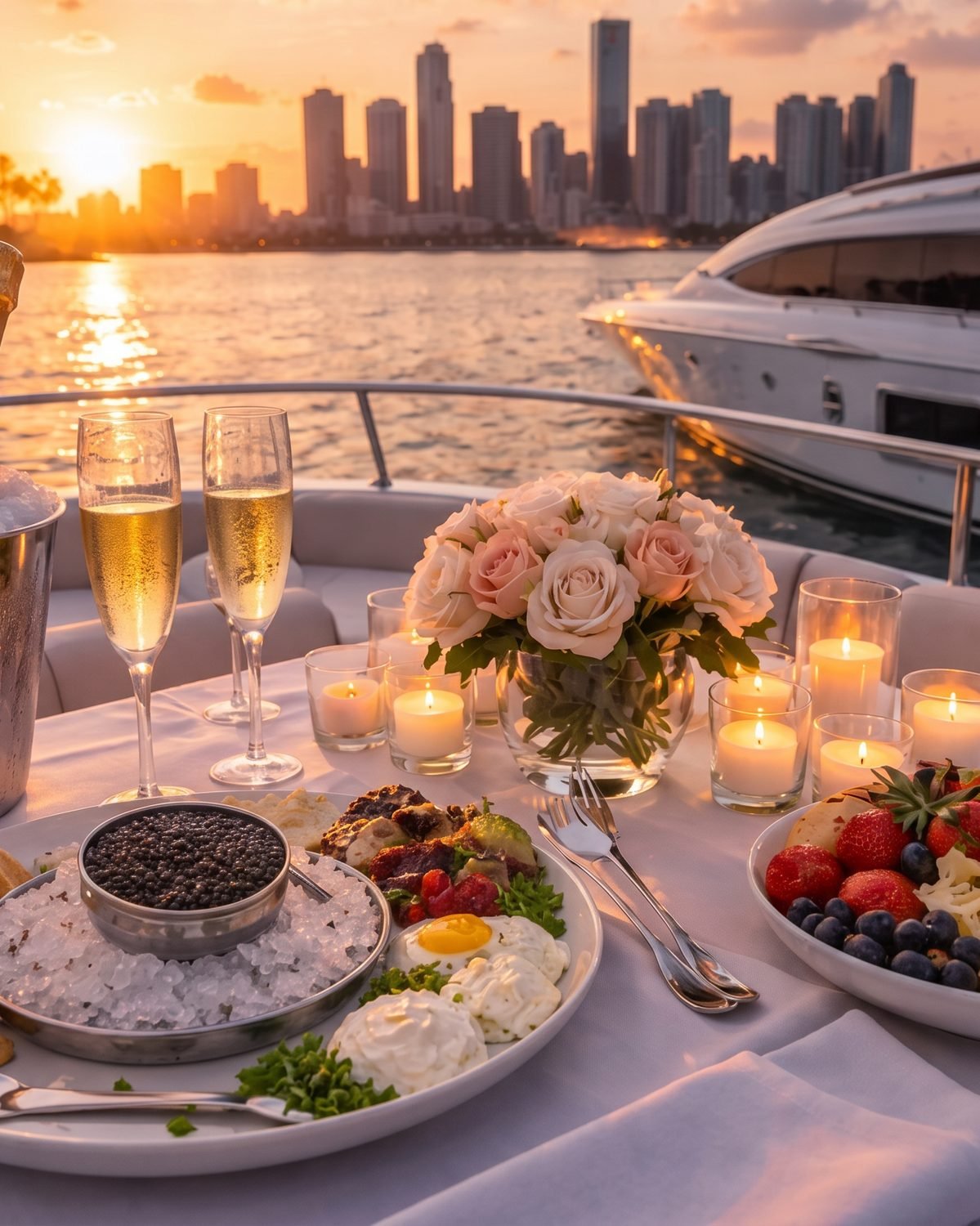 Kardinal caviar service — sunset waterfront setting